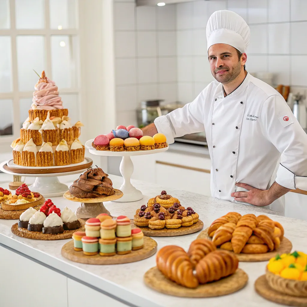 Pastry chef displaying pastries